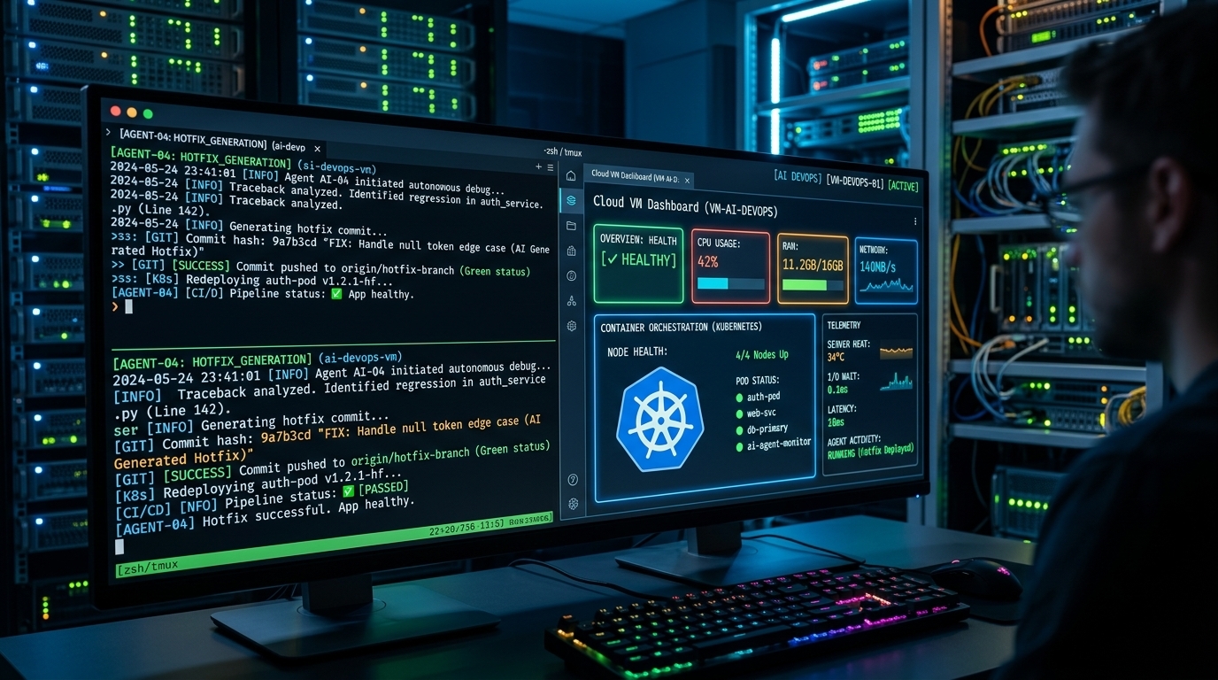 Headless AI coding agents deployed on remote Linux VMs to monitor logs, diagnose exceptions, and automate production hotfixes